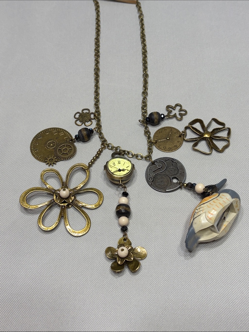 Vintage-Inspired Brass Flower Duck Watch Charm Necklace